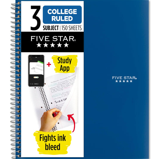 Five Star Spiral Notebook + Study App, 3 Subject, College Ruled Paper, 8-1/2" x 11", 150 Sheets, Fights Ink Bleed, Water Resistant Cover, Pacific Blue (73623)