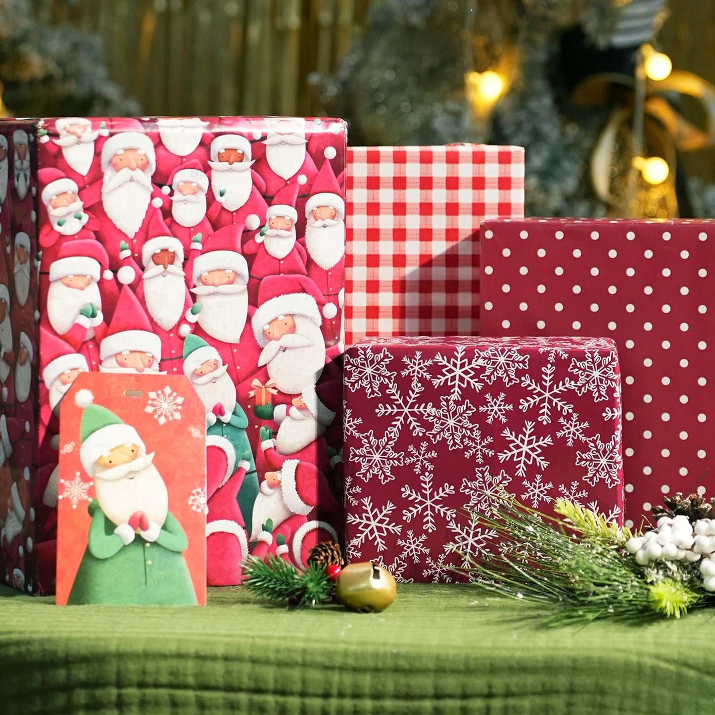 BIOBROWN Reversible Christmas Wrapping Paper - 17 Inch X 33 Feet (46.7 sq. ft. ttl.) - Joyful Santa Design Perfect for Xmas, Party, Holiday Gift Wrap