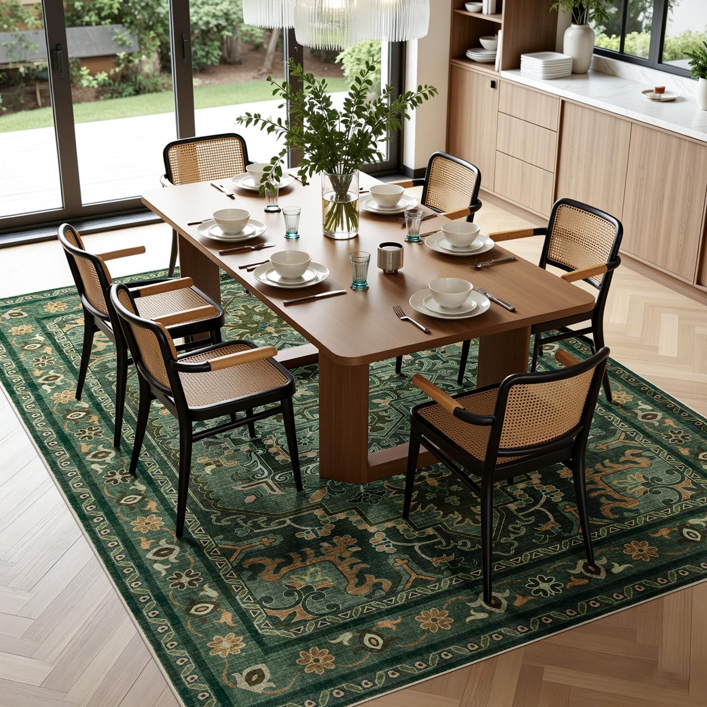 Joydeco Area Rugs 6'x9' Washable Non-Slip, Floral Vintage Distress Medallion Carpet for Living Room Bedroom Dining Room, Green&Beige&Dark Gray