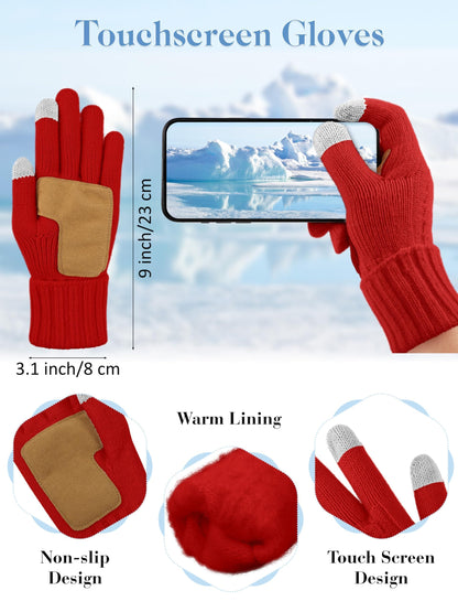 URATOT Women Winter Beanie Hat Scarf Gloves 3 in 1 Set for Women Fleece Lined Beanie Pompom Hat Touchscreen Gloves Long Scarf Red