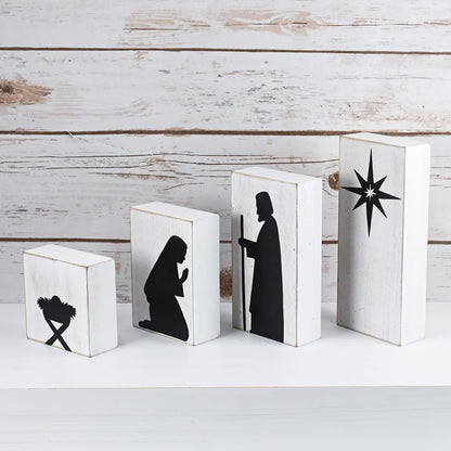 Ornativity Wooden Block Nativity Scene - Black Xmas Silhouette Christmas Figures on White Painted Wood Blocks Indoor Nativity Table Top Shelf Sitter Mantle Centerpiece Set Decorations - 1 Set