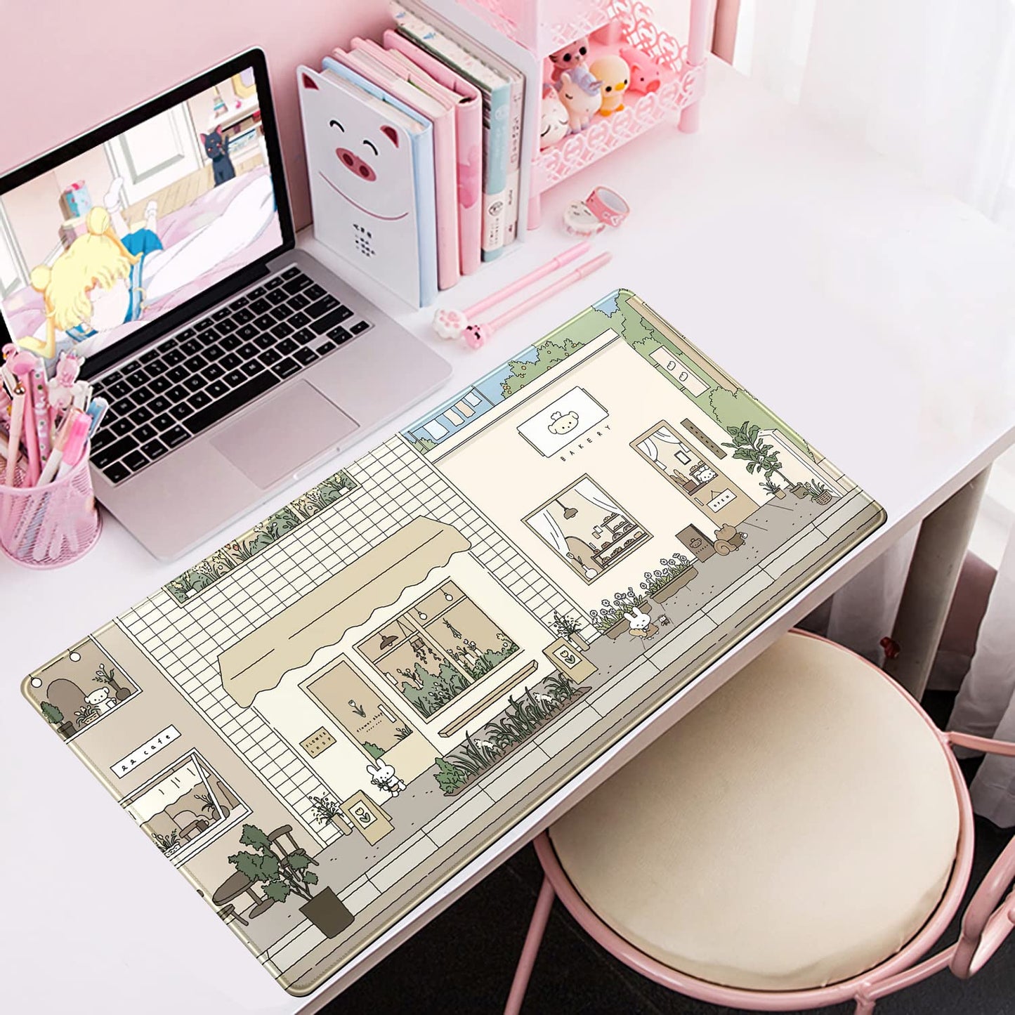 Mechanical Cattle Cute Desk Mat Kawaii Mousepad Bunny and Bear Cute Anime Japanese Street Pastel Beige Brown and Green Mouse Pad, Extra Large Deskmat Cut Laptop Mouse Pads Decor