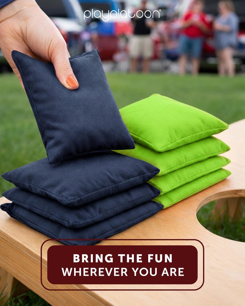 Play Platoon Weather Resistant Cornhole Bags - Set of 8 Regulation Corn Hole - Navy Blue & Lime Green - Durable Duck Cloth Corn Hole for Tossing Game, Includes Tote Bag