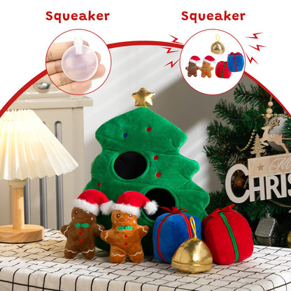 Hollypet Squeaky Dog Toy, Interactive Plush Hide and Seek Dog Toys for Small Medium Sized Dogs and Non-Aggressive Chewers, Puppy Teeth Clean Chew Toys, Christmas Tree