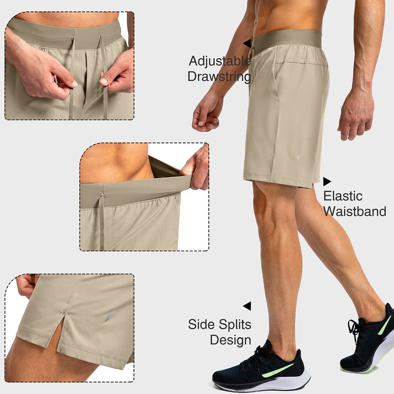Soothfeel Men's Running Shorts with Zipper Pockets 7 Inch Lightweight Quick Dry Gym Athletic Workout Shorts for Men (Khaki, XXL)
