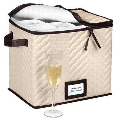Champagne Flute Glass Storage Box with Dividers - Holds 12 Champagne Flute Glass up to 3" Wide - Stemware Storage Case - Protects Fine China - Durable Quilted Microfiber Bin with Carry Handles