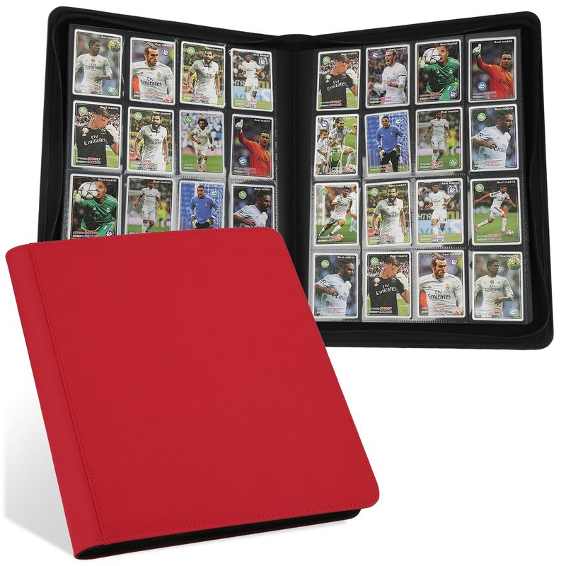 16 Pocket Ringless Side Loading Trading Card Binder, 1024 Cards PU Fixed Page Zipper Card Album for TCG Sports Game Cards, Not Fit Top Loaders (Red)