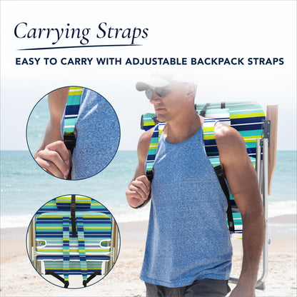 Caribbean Joe Folding Beach Chair, 4 Position Portable Backpack Foldable Camping Chair with Headrest, Cup Holder, and Wooden Armrests, Blue and Lime Stripe