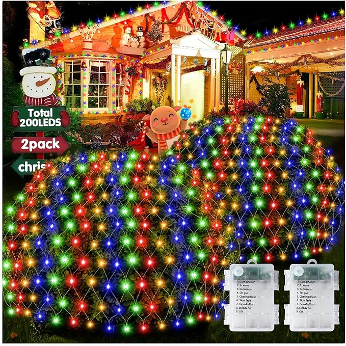 Hezbjiti Pack of 2 Battery Operated Christmas Lights Outdoor Total 200 LED 5FT x 3.3FT Waterproof Timed Memory Net Mesh Lights for Xmas Trees Bushes Garden Yard Lawn Patio Christmas Decor (Multicolor)