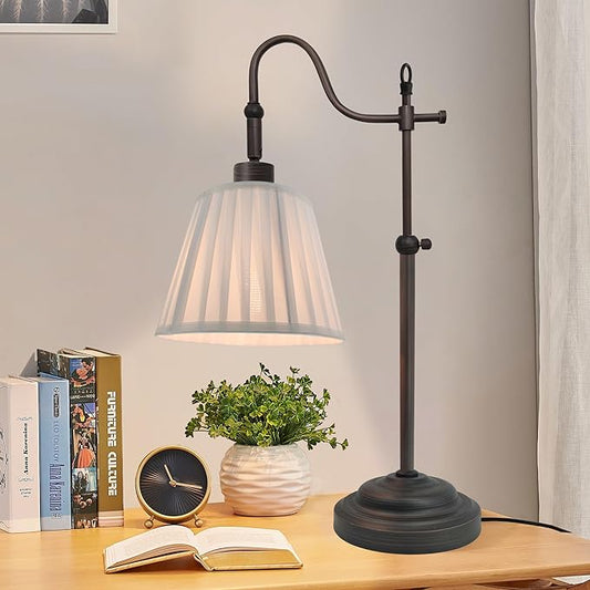 Farmhouse Table Lamps for Living Room, Rustic Desk Lamp with Adjustable Height, Industrial Reading Vintage Light with Pleated Fabric Lampshade for Bedroom, E26
