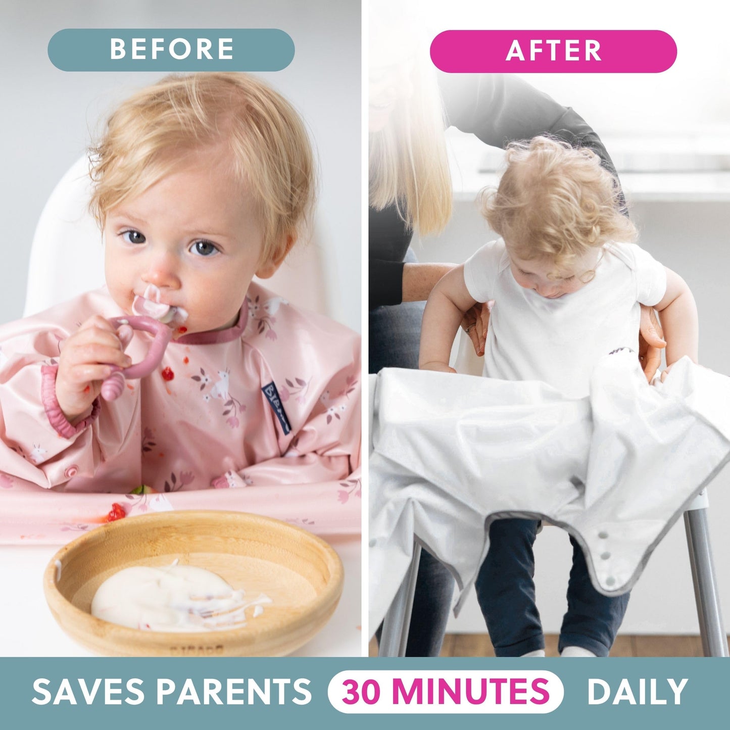 BIBaDO - Long Sleeve Baby Bibs - Babies & Toddlers 6-36 Months - Coverall Baby Weaning Bib - Easy Wipe Clean & Soft Fabric - Attach to Highchair & Tables - Waterproof - Machine Washable - Gifts
