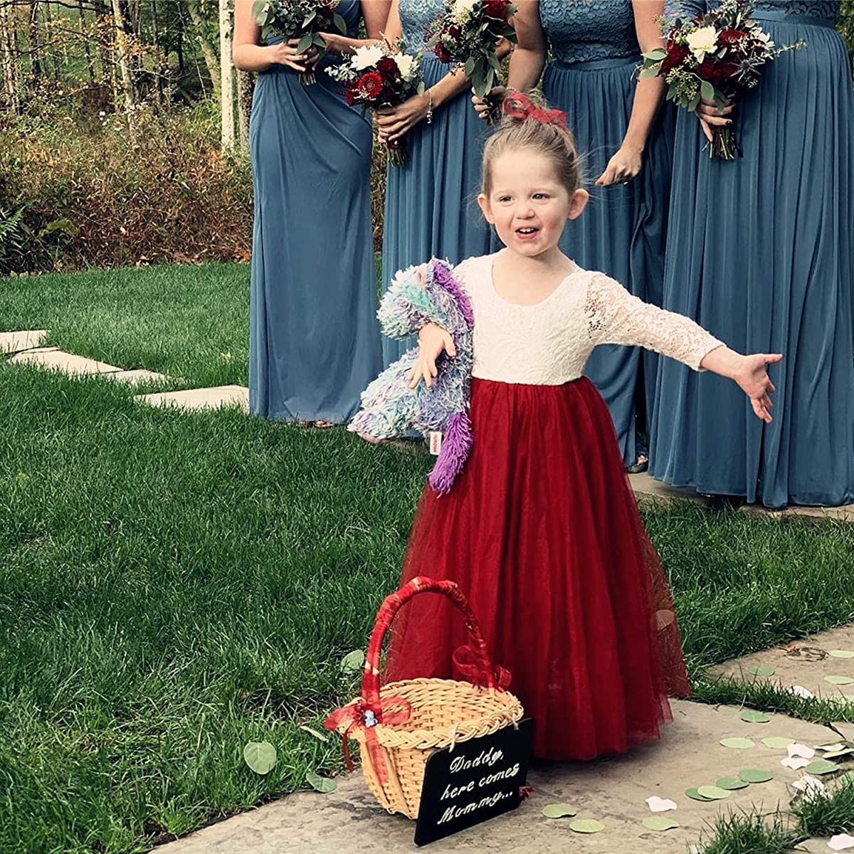 Girl Toddler Full-Length Straight Tulle Tutu Lace Back Party Flower Girl Dress (6-7 Year, Sleeve-Wine red)