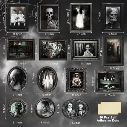 Benjia 15 Halloween Gothic Creepy Skull Photos Haunted Horror Picture Frame, Waterproof Durable, with 80pcs Self Adhesive Dots，Creepy Photo Decoration For Haunted Family Castle Masquerade Party Black