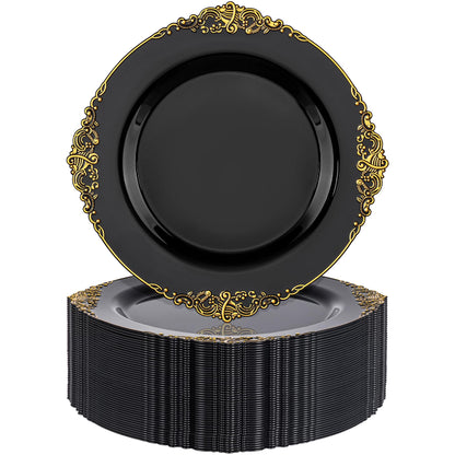 Nervure 100PCS Black and Gold Plastic Plates - 10.25Inch Black Disposable Plates - Black Plastic Dinner Plates for Wedding & Party & Halloween