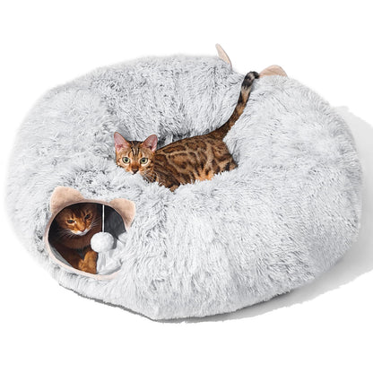 Cat Tunnel with Cat Bed for Indoor Cats, Under Christmas Tree Soft Plush Peekaboo Cat Cave Donut Tunnel, Multifunctional Playground Toys Hideplace for Kittens, Rabbit, Ferret (Grey)