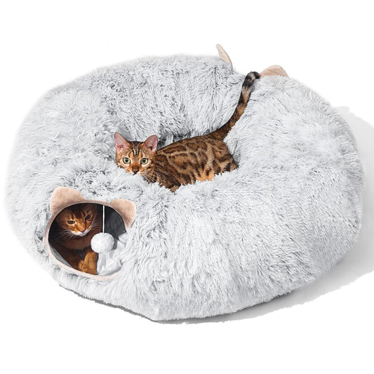 Cat Tunnel with Cat Bed for Indoor Cats, Under Christmas Tree Soft Plush Peekaboo Cat Cave Donut Tunnel, Multifunctional Playground Toys Hideplace for Kittens, Rabbit, Ferret (Grey)