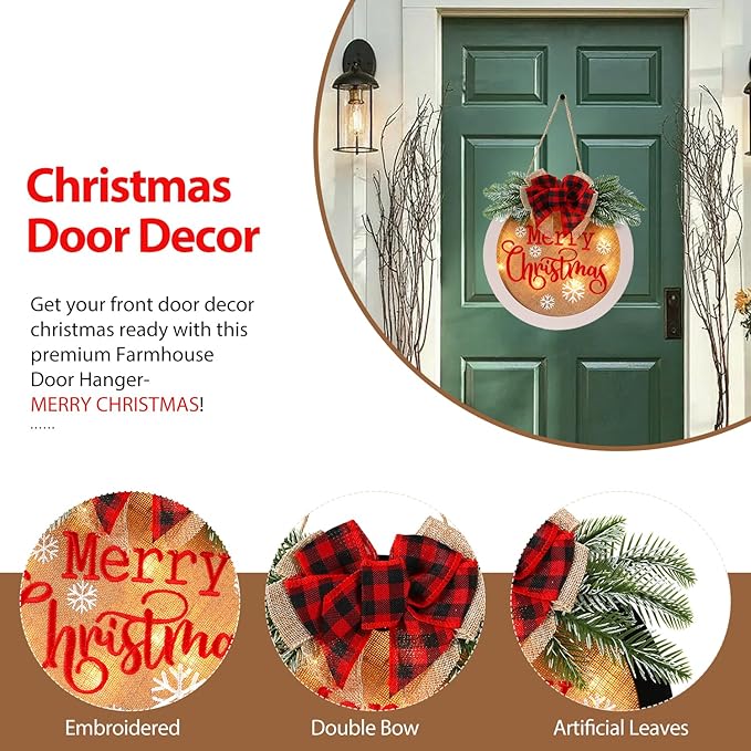 HOMCDALY Merry Christmas Welcome Sign for Front Door, Winter Merry Christmas Wreath with Light, Farmhouse Door Decoration Wooden Hanging Sign, Christmas Decoration (F-Xmas-White)