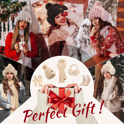 UMIPUBO Winter Beanie Hats Long Scarf Touch Screen Gloves Fuzzy Socks Warm Ear Muffs 5pcs Set for Women Winter Ski Outing Set