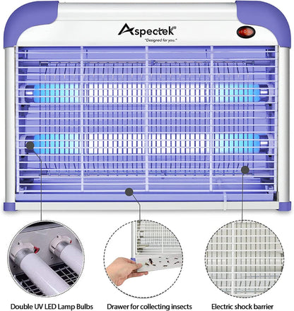 ASPECTEK 20W Indoor Bug Zapper, Powerful UV Bugs Lamp Attract Insects and 2800V Grid Kills Flying Insects, Includes 2 Replacement Insect Killer Lights