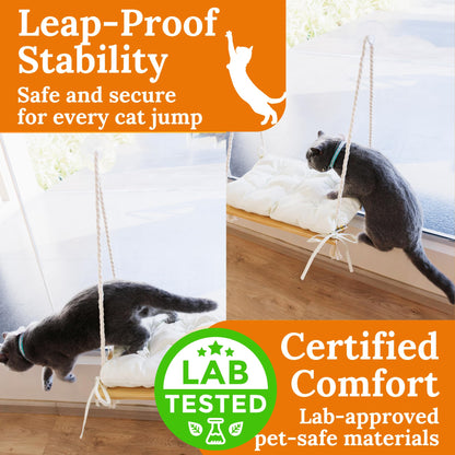 Cat Window Perch - Hammock Bed for Cats Inside - Solid Wood Seat, 4 Strong Suction Cups, Soft Cushion - Rustic Indoor Pet Shelf