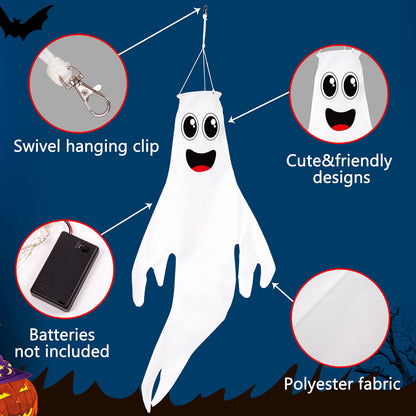3PCS 43 Inch Halloween Ghost Windsocks Hanging Decorations - Flag Wind Socks for Home Yard Outdoor Decor Party Supplies (Batteries Not Included,No Timer)