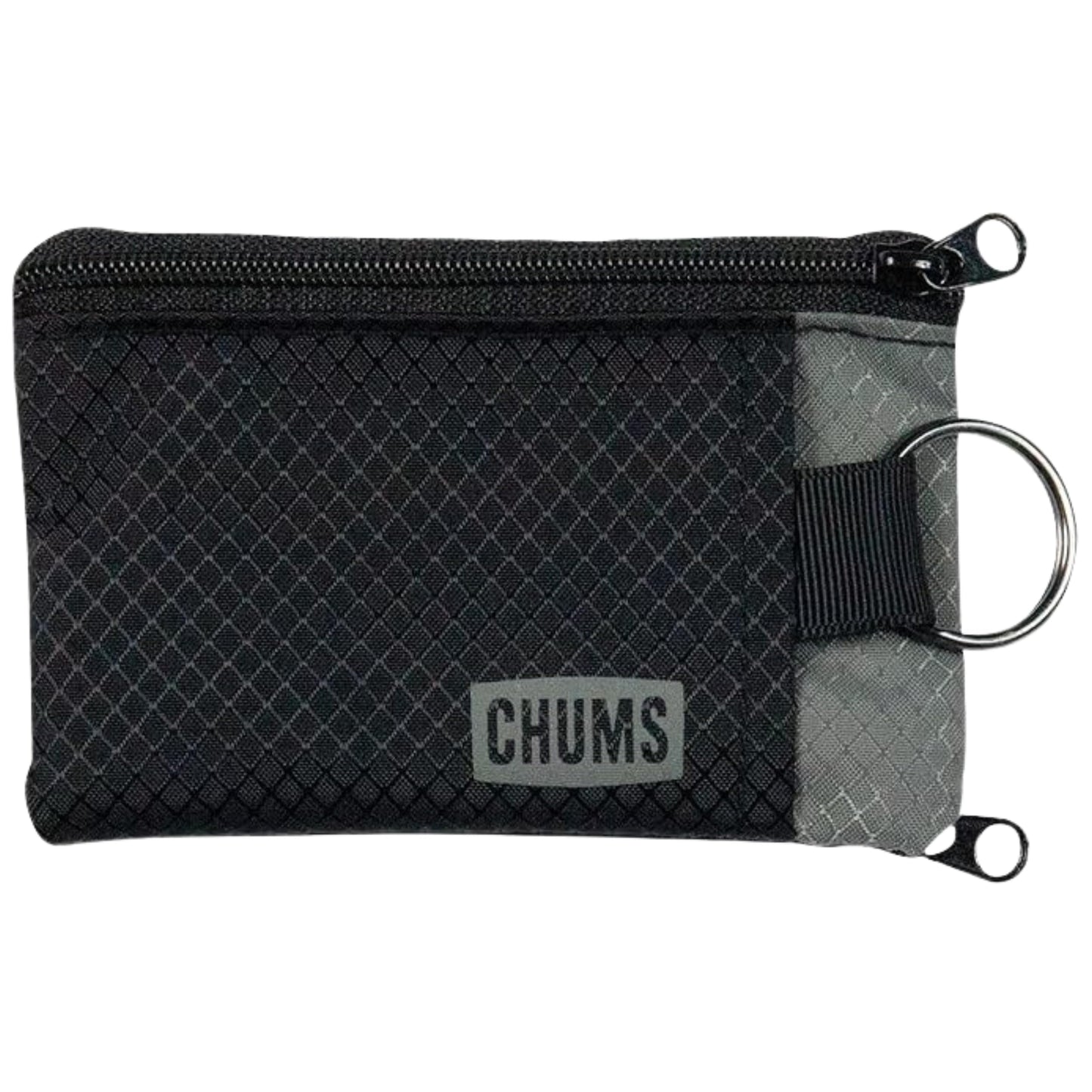 Chums Surfshorts Wallet - Lightweight Slim Wallet with RFID Blocking Card & Clear ID Window - Zippered, Water Resistant w/ Key Ring (Black/Gray)