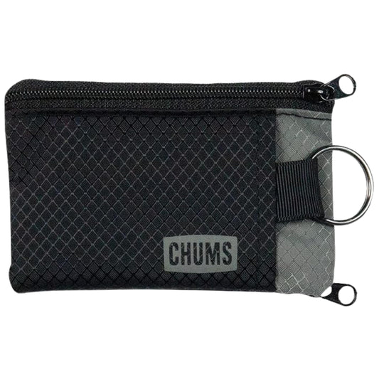 Chums Surfshorts Wallet - Lightweight Slim Wallet with RFID Blocking Card & Clear ID Window - Zippered, Water Resistant w/ Key Ring (Black/Gray)