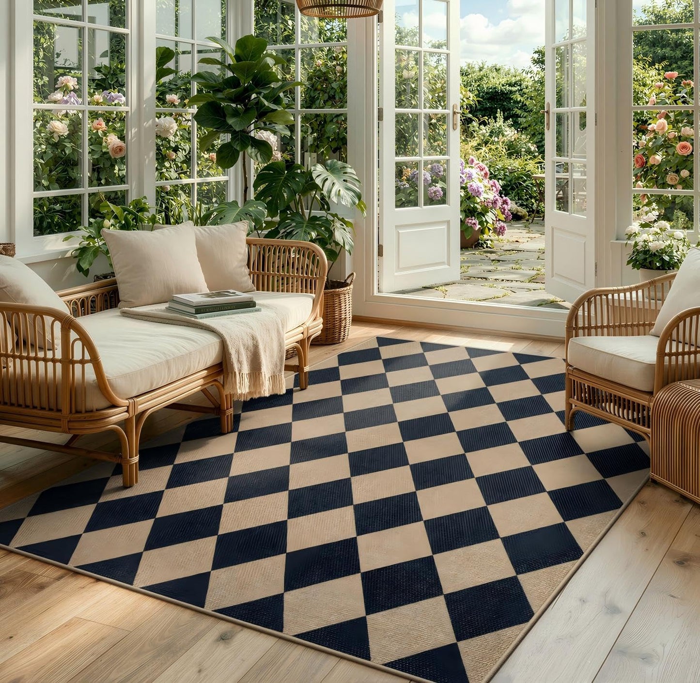 Lahome Checkered Easy Jute 5x7 Area Rugs, Washable Outdoor Patio Rug for Living Room Diamond Indoor Outdoor Carpet, Farmhouse Geometric Non Slip Black Carpet for Backyard Dining Room