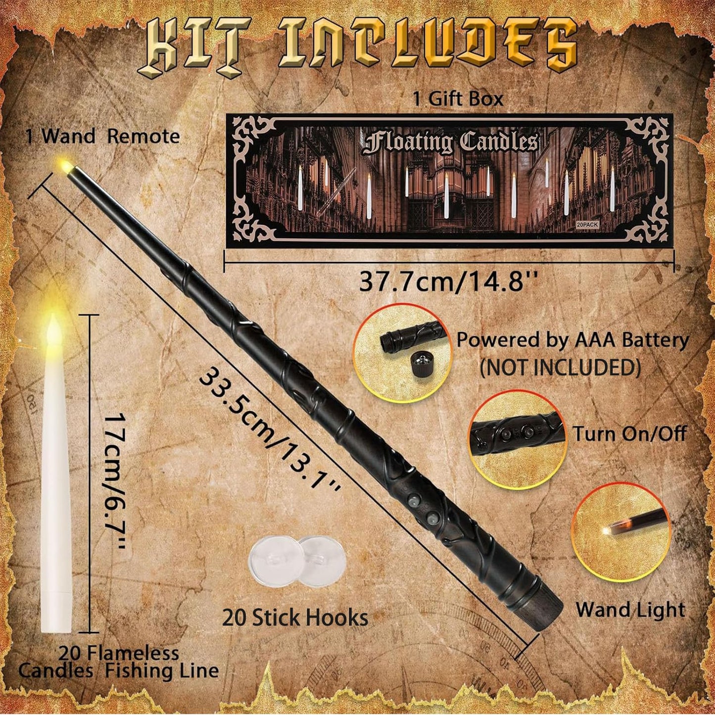 Prerish 20PCS Floating Candles with Wand, Flickering Warm Light Taper LED Flameless Candles with Wand Remote, Magic Hanging Candles, Halloween Decorations for Home Indoor Party