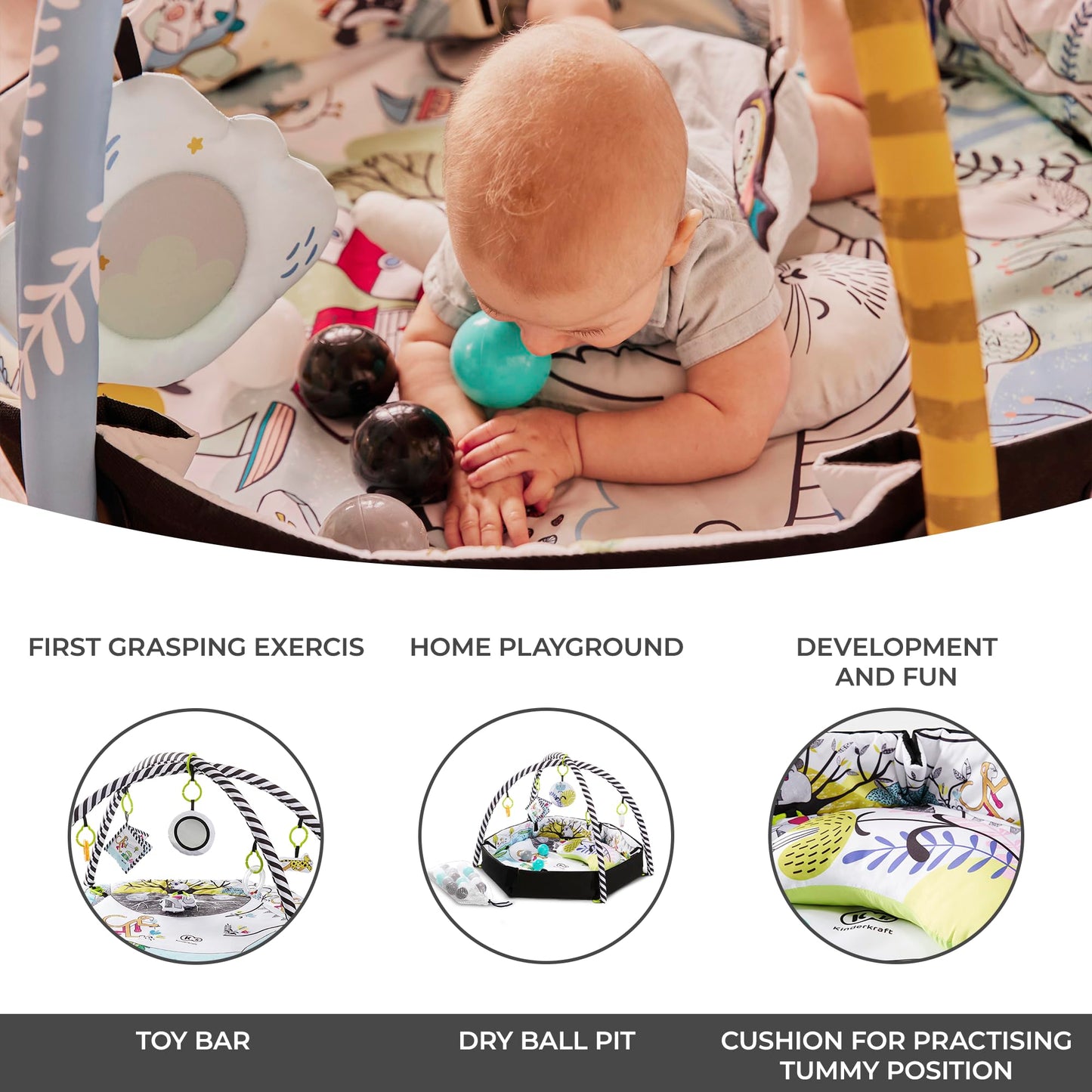 Kinderkraft Baby Playmat SMARTPLAY, Educational Mat, Activity Play Gym, with Ajustable Fitness Frame, Playpen Function, Accessories, Hanging Rattle, 5 Toys, 30 Balls, for Newborn, Suitable from Birth