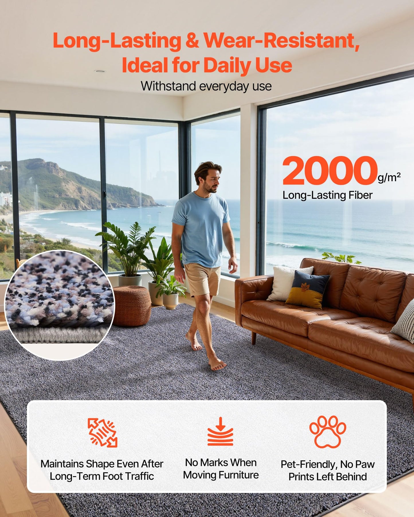 VEVOR 8 x 10 ft Area Rug for Living Room, Large Indoor Plush Area Rug with High Plush Pile, Indoor Floor Carpet for Bedroom Study, Non-Shedding & TPR Non-Slip Backing, Noise-Reducing