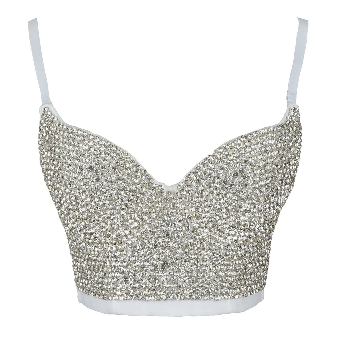 ELLACCI Women's Rhinestone Diamond Push up Bustier Crop Top Sexy Punk Corset Bra White Medium