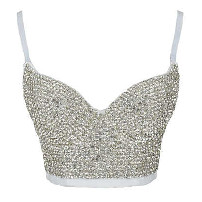 ELLACCI Women's Rhinestone Diamond Push up Bustier Crop Top Sexy Punk Corset Bra White Medium