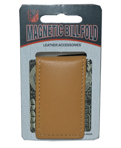Leatherboss Genuine Leather Slim Magnetic Minimalist Bifold Money Clip Cash Holder Wallet, Tan