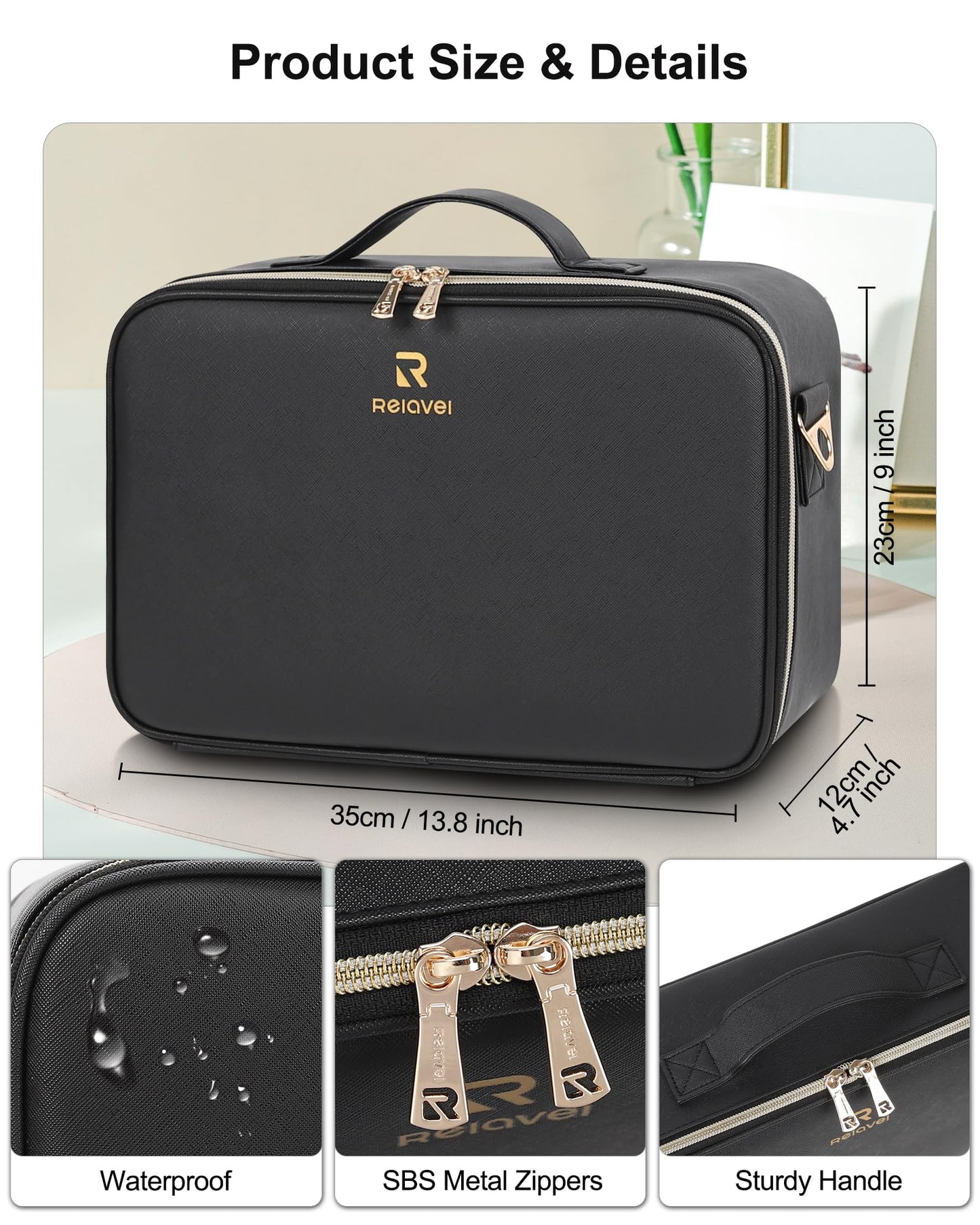 Relavel Travel Makeup Bag With LED Mirror, Cosmetic Train Case with Light up Mirror, Portable Makeup Artist Organizer Bag with Adjustable Dividers, Makeup Brush Holder Storage, Black