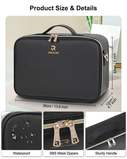 Relavel Travel Makeup Bag With LED Mirror, Cosmetic Train Case with Light up Mirror, Portable Makeup Artist Organizer Bag with Adjustable Dividers, Makeup Brush Holder Storage, Black