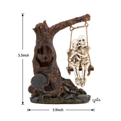 Halloween Skull Statue with Spooky LED Light for Holiday Decorations, Halloween Decor with Romantic Skeleton Couple on Swing Tombstone Tree, Grinning Skull Decor Props Haunted Collectible Gift