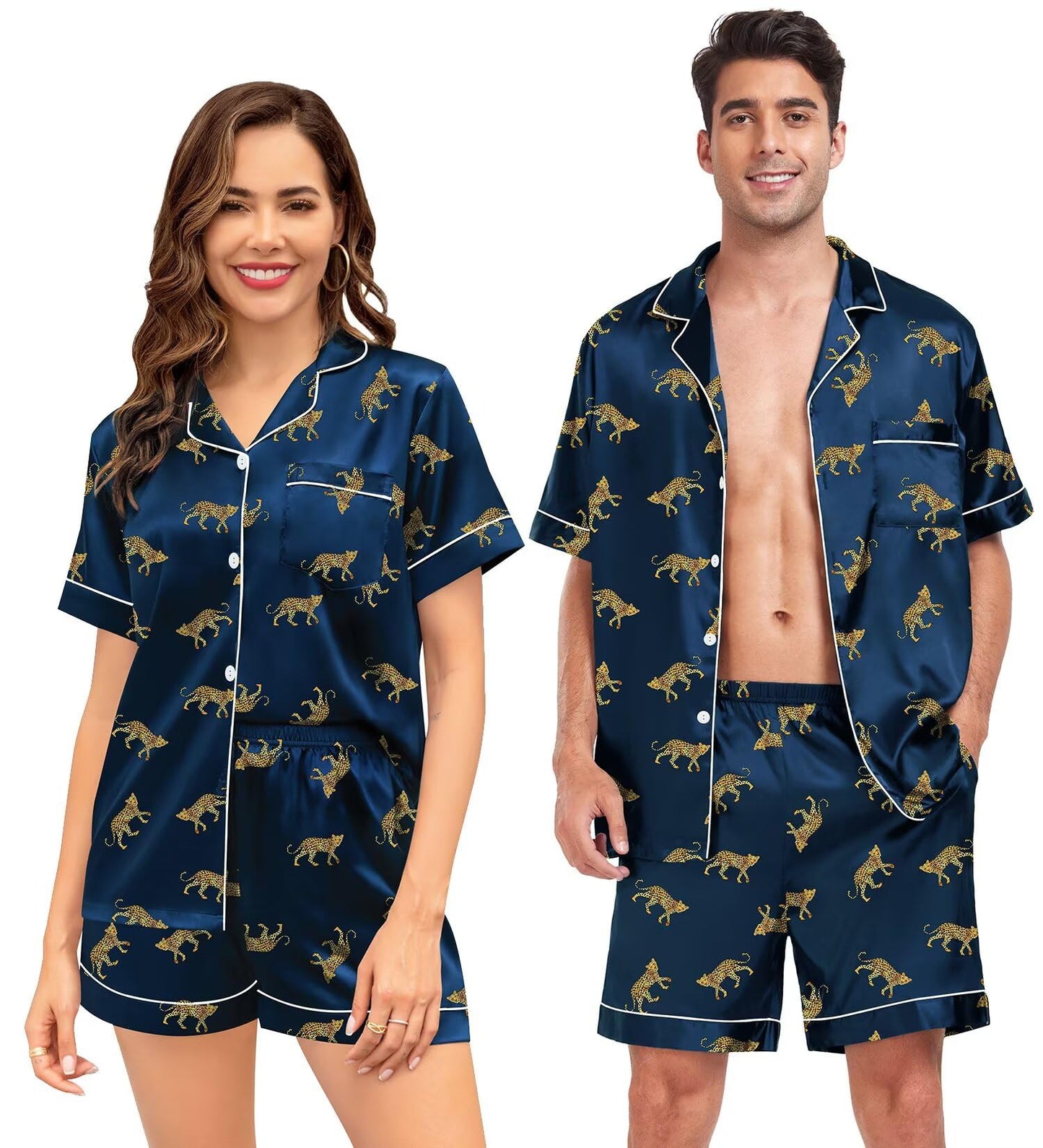 SWOMOG Couple Matching Pajamas Sets Women & Men Button Down Silk Pjs Short Sleeve Soft Lounge Sets 2 Pcs Loungewear