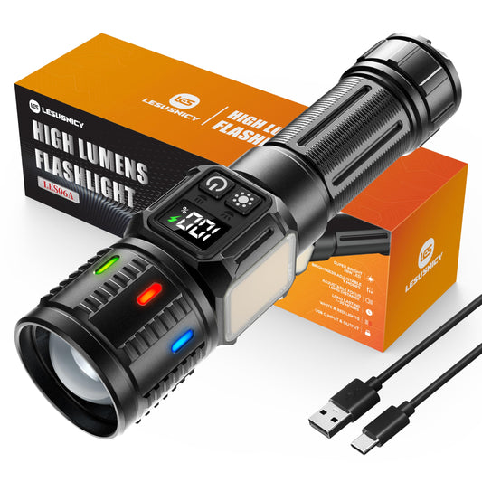 lesusnicy Rechargeable Flashlights High Lumens 100,000, Super Bright LED Flash Light Long Lasting USB C LCD Display, Dual Light Source & Buttons with Red Light, for Camping Hiking Emergency Home Gift