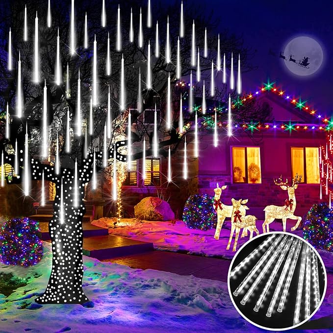 KNONEW 40 Tubes 1120 LED Meteor Shower Lights Christmas Lights Outdoor Plug in Waterproof Falling Rain Light for Xmas Tree Wedding Party Garden Holiday Rooftop Decorations (Cool White)