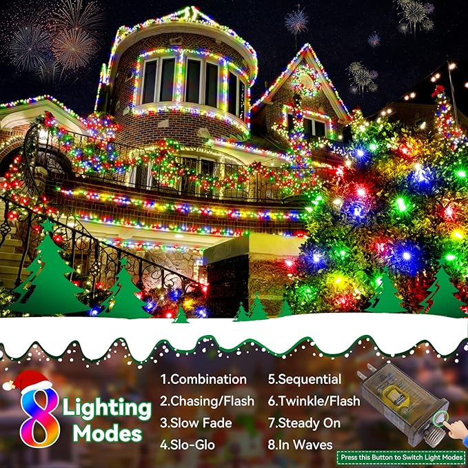Heceltt Christmas Lights Outdoor, 125FT 350 LED String Lights 8 Modes and Timer Memory Function Twinkle Fairy Lights Waterproof Plug in for Xmas Tree Wedding Party Holiday Decor(Multicolor)