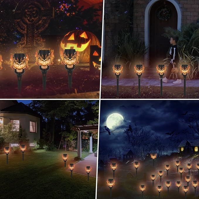 Solar Halloween Decorations Outdoor, 8 Pack Spooky Skulls Solar Torch Flame Lights, Waterproof Pathway Halloween Lights for Garden, Yard, Lawn, Porch, Landscape Decor, Orange