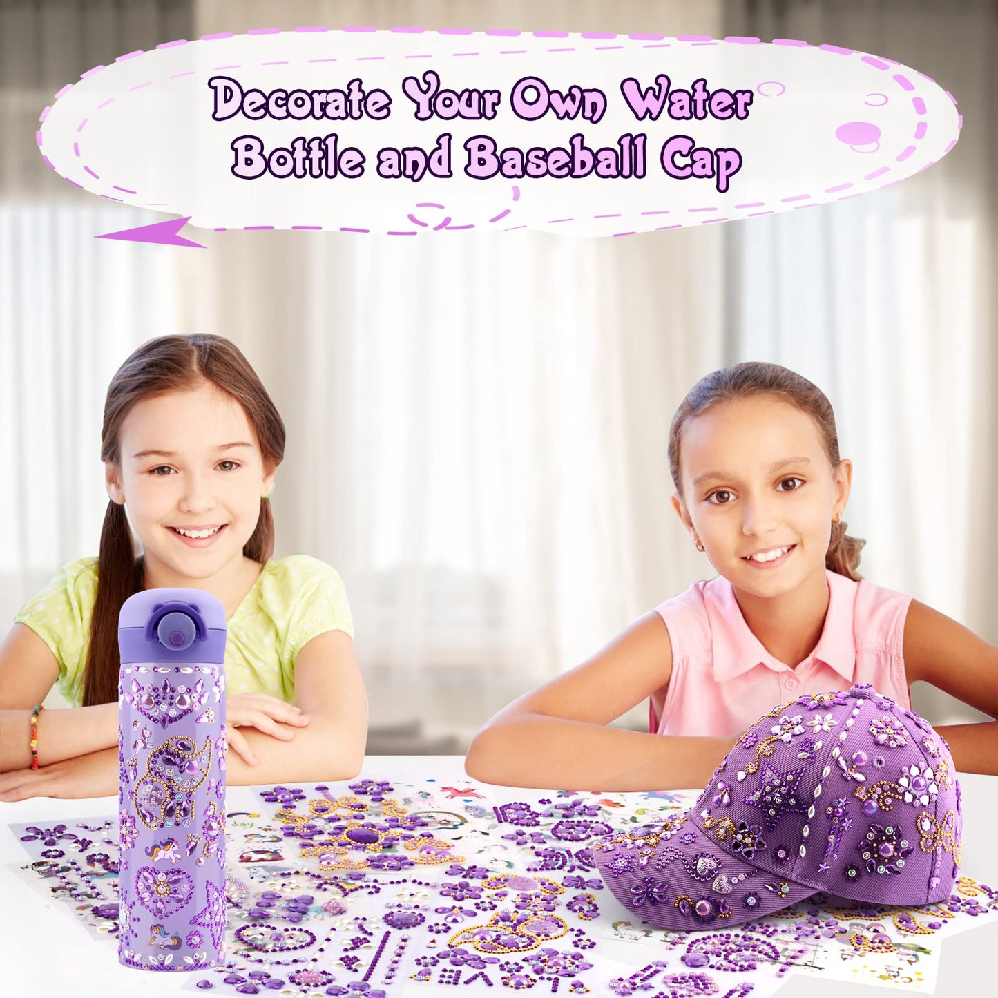 Gifts for Girls Age 4-12, Birthday Gifts Presents for Girls 5 6 7 8 9 10 11 Year Old, Back to School DIY Water Bottle and Baseball Cap Toys for Girl Craft Kit, Decorate Your Own Water Bottle Kids
