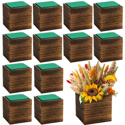 Dandat 18 Set Wood Cube Planter Box Square Wood Vase Rustic Cube Planter Box with Removable Plastic Liner Floral Foam Blocks for Centerpieces Home Wedding Garden Decor, Country Style (Brown)