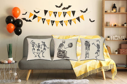 Ueerdand Halloween Pillow Covers Skeleton Skull Pumpkin Throw Pillowcases Set of 4 Cotton Linen Pillow Cushion Cover for Halloween Decorations, 18 by 18 Inch