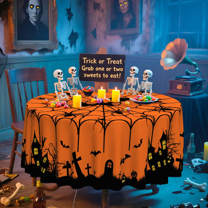 Eikione Round Halloween 60In Tablecloth, Haunted House Decorative Table Cloth, Waterproof and Washable Fabric Table Cover for Party Kitchen Dining Room