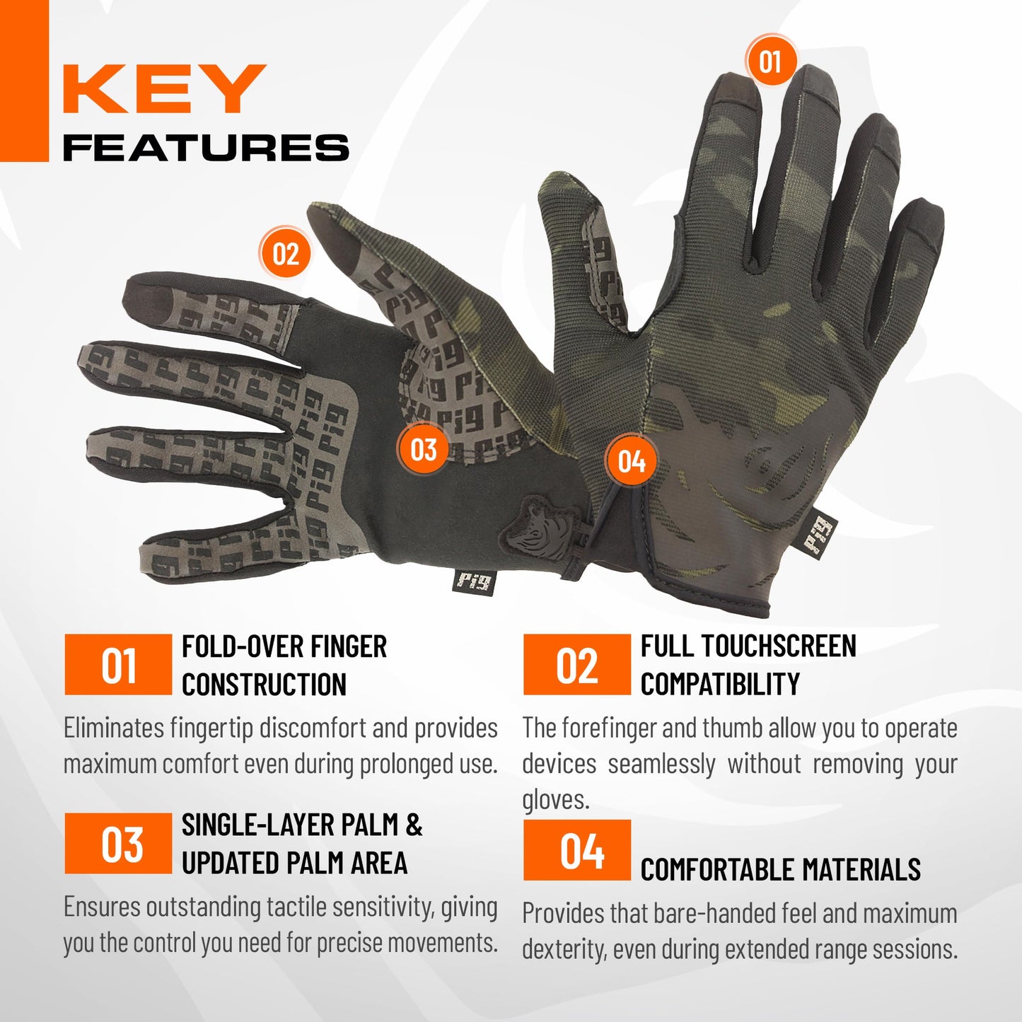 PIG FDT Delta Utility Gloves, Touchscreen Compatible, High Dexterity for Shooting Sports, 1 Pair, Multicam Black, Small