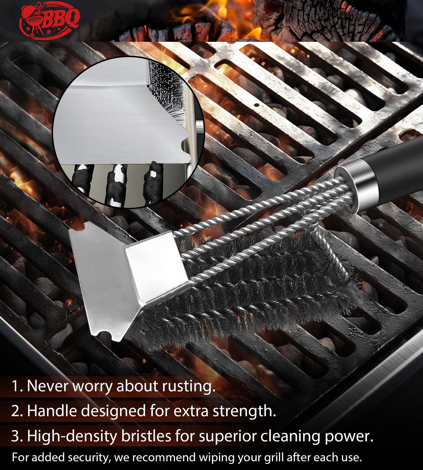 TNTOR Grill Brush, BBQ Cleaner Cleaning Brush with Stainless Steel Scraper, Bristles and Extra long Handle, BBQ Wire Brush for Charcoal Grill, Electric Grill, Gas Grill.