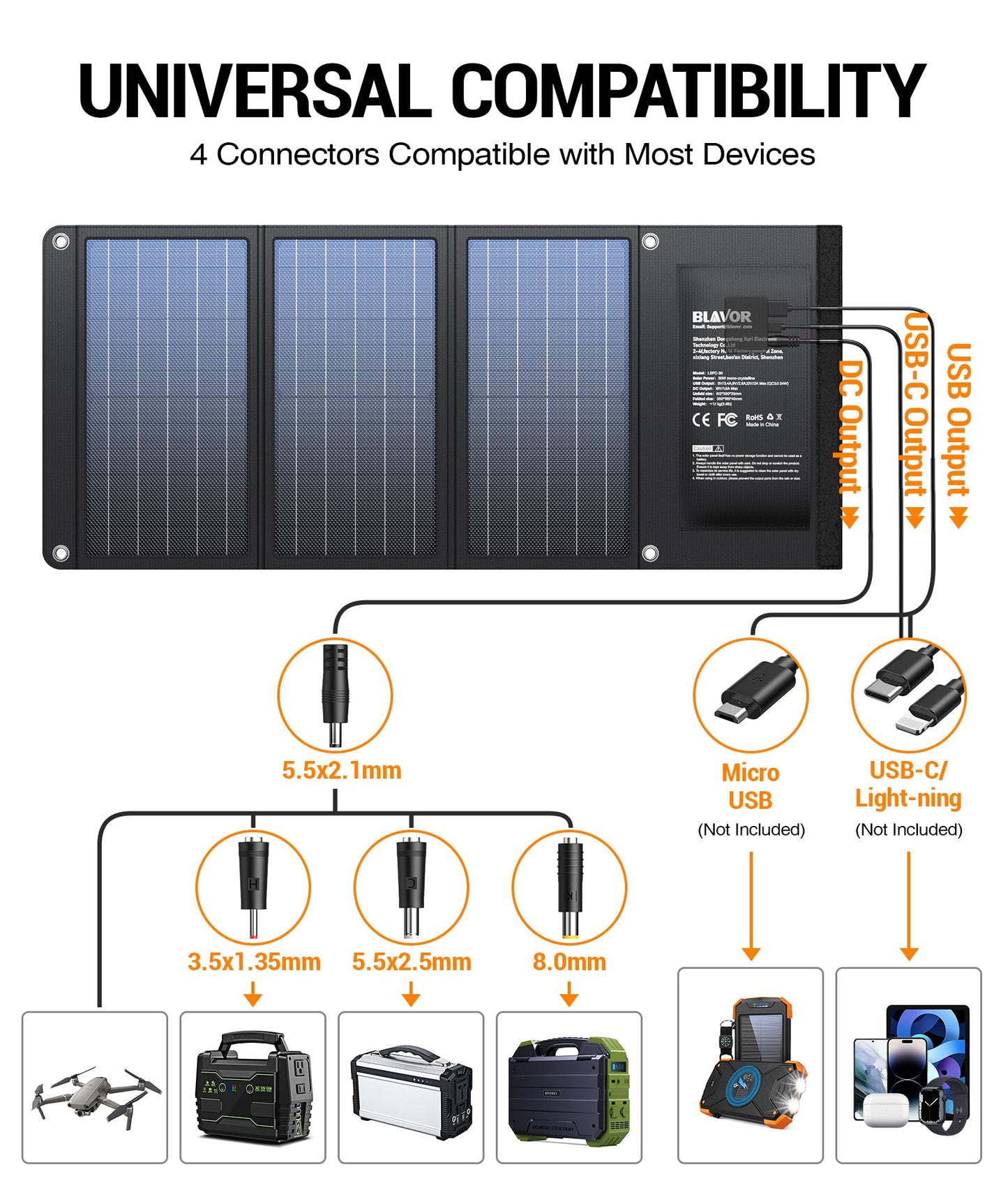 BLAVOR 30W Solar Charger USB-A QC3.0 24W USB-C DC 30W Outputs, Foldable Solar Panel for Camping, IPX4 Waterproof, Solar Battery Charger Compatible with Solar Generators, Phones, Tablets
