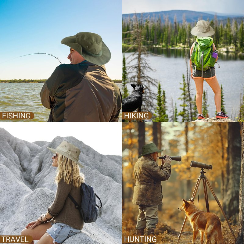 PFFY Sun Boonie Hats for Men UPF 50+ Bucket Hat for Fishing Hiking Safari Hunting Khaki（with Webbing
